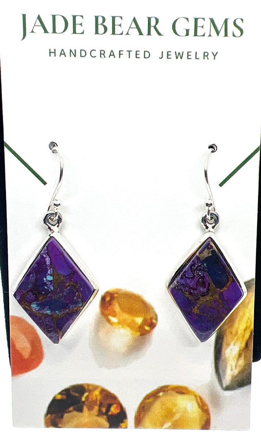 Marquise Shaped Purple Copper Turquoise Dangle Earrings | Sterling Silver .925 | Handmade Jewelry - Jade Bear Gems 