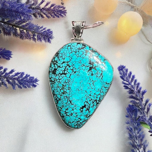 One-of-a-Kind Vintage 45.3g Spider Web Turquoise Pendant, Large Turquoise Pendant, Sterling Silver 925, Turquoise Pendant, Spiderweb Turquoise - Jade Bear Gems 