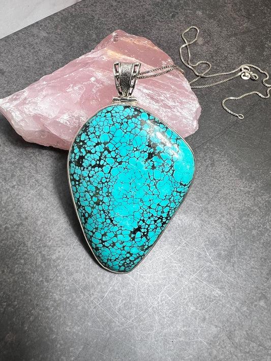 One-of-a-Kind Vintage 45.3g Spider Web Turquoise Pendant, Large Turquoise Pendant, Sterling Silver 925, Turquoise Pendant, Spiderweb Turquoise - Jade Bear Gems 