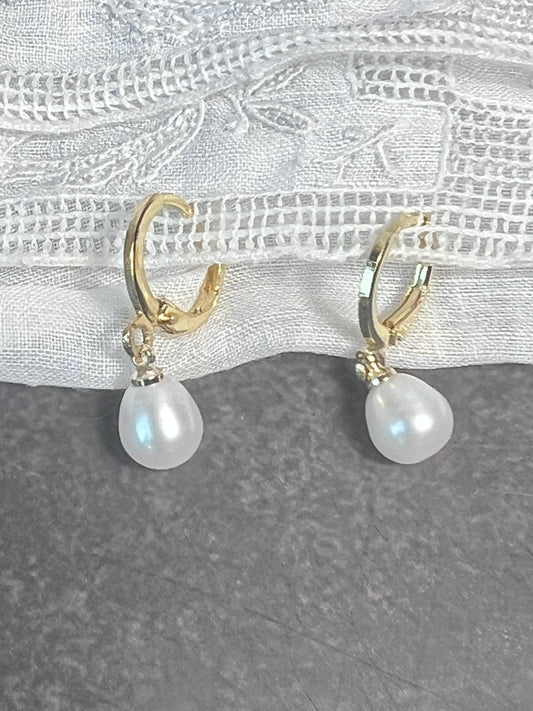 Pearl Hoops, Dangling Pearl Earrings, Gold Huggie Earrings, Bridal Jewelry - Jade Bear Gems 