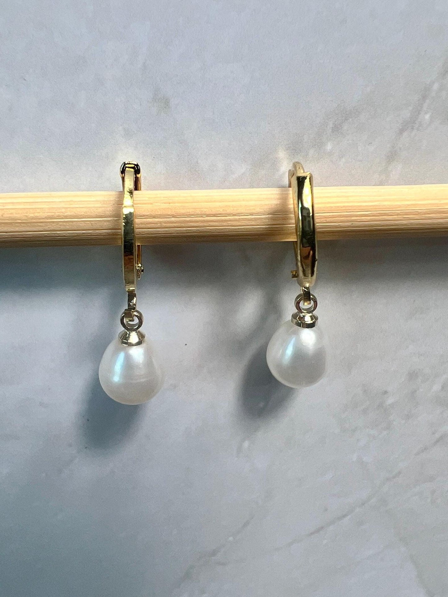 Pearl Hoops, Dangling Pearl Earrings, Gold Huggie Earrings, Bridal Jewelry - Jade Bear Gems 
