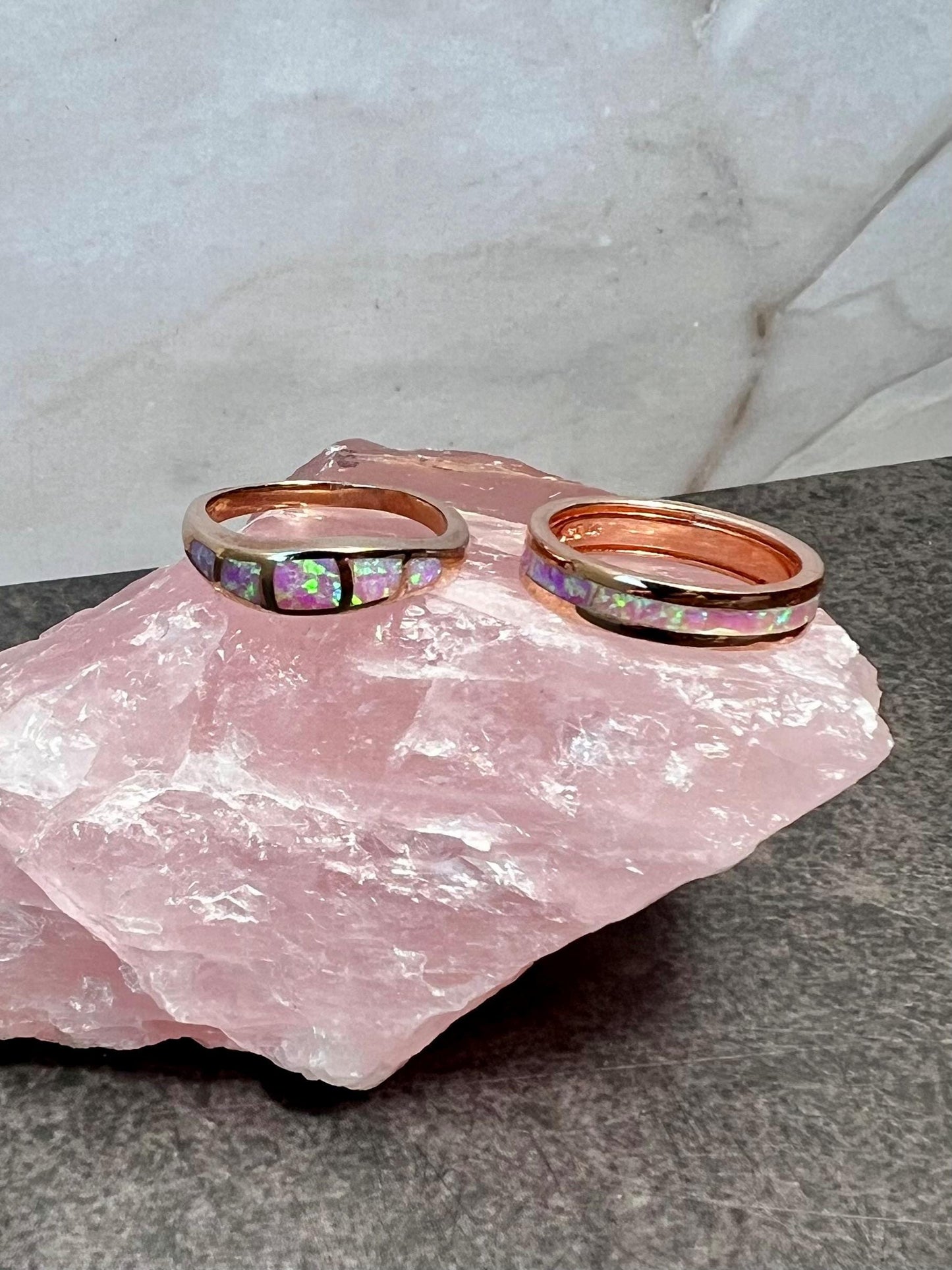 Pink Fire Opal Inlay Rose Gold Rings • Opal Ring • Pink Jewelry • Anniversary • Promise Ring • Wedding Band • Christmas Gift for Her - Jade Bear Gems 