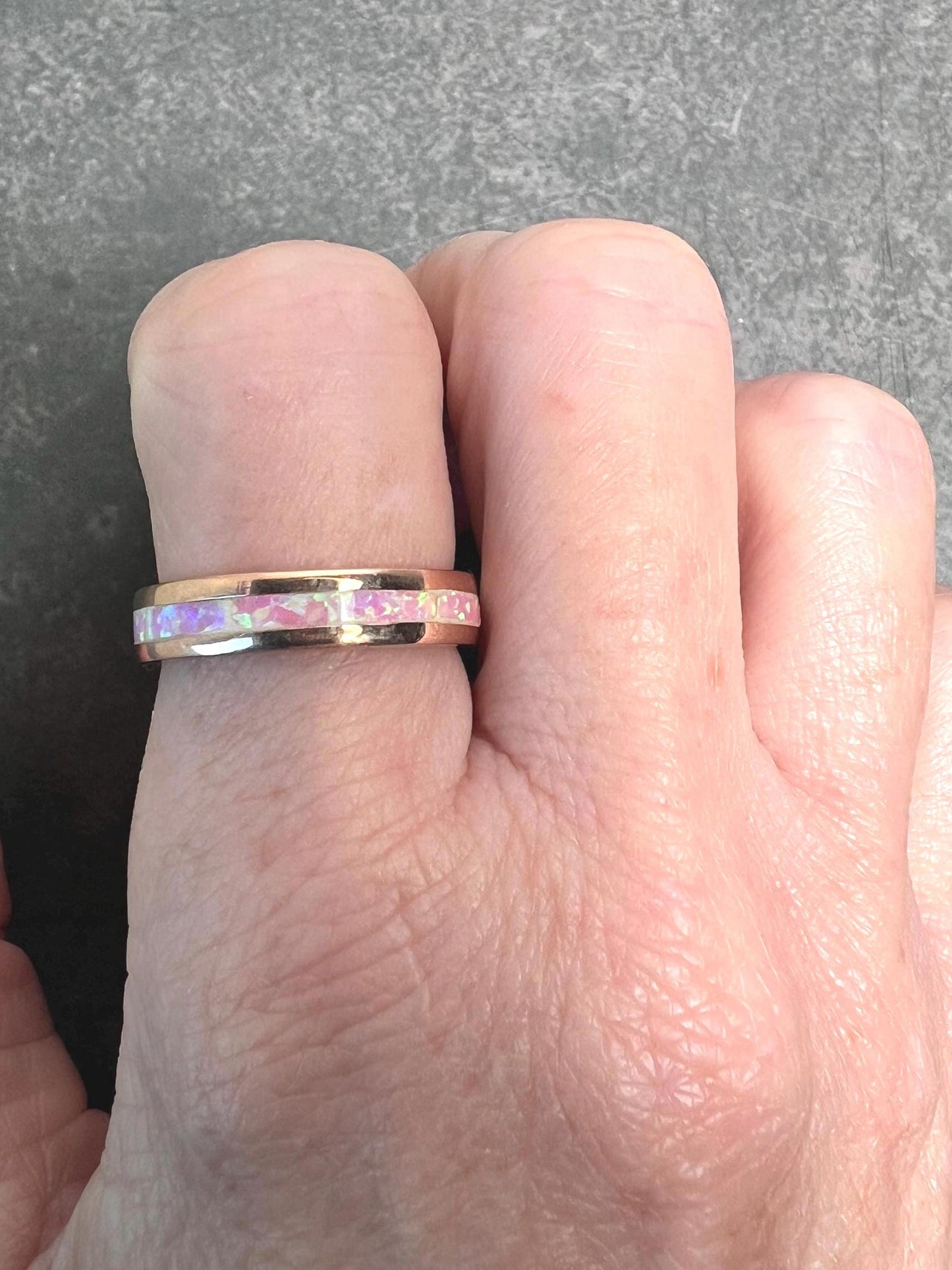 Pink Fire Opal Inlay Rose Gold Rings • Opal Ring • Pink Jewelry • Anniversary • Promise Ring • Wedding Band • Christmas Gift for Her - Jade Bear Gems 