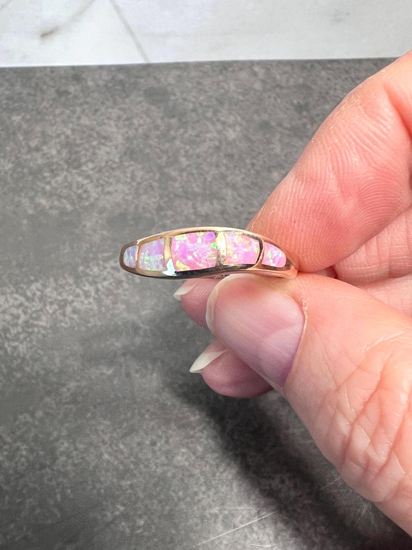 Pink Fire Opal Inlay Rose Gold Rings • Opal Ring • Pink Jewelry • Anniversary • Promise Ring • Wedding Band • Christmas Gift for Her - Jade Bear Gems 