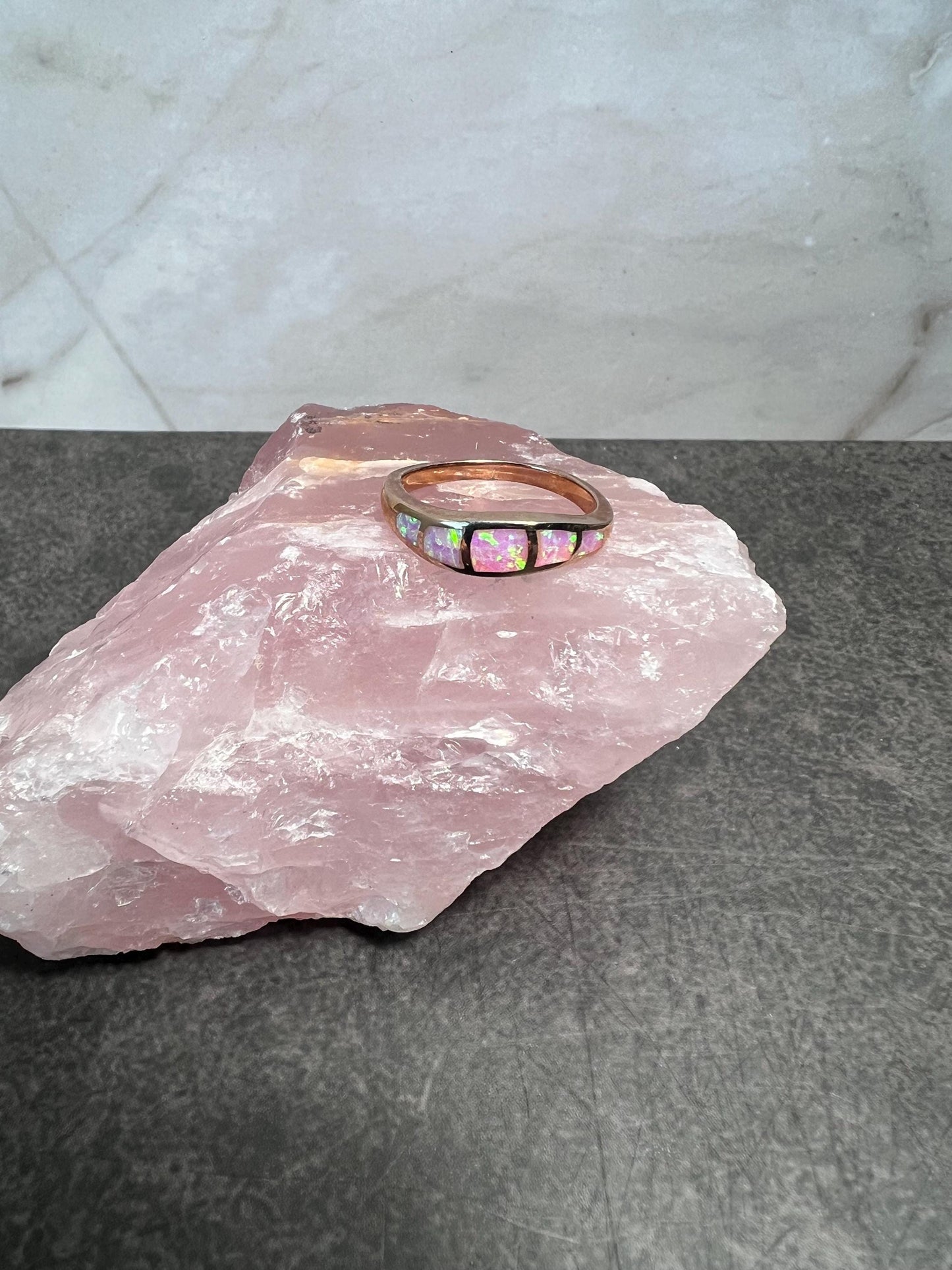 Pink Fire Opal Inlay Rose Gold Rings • Opal Ring • Pink Jewelry • Anniversary • Promise Ring • Wedding Band • Christmas Gift for Her - Jade Bear Gems 