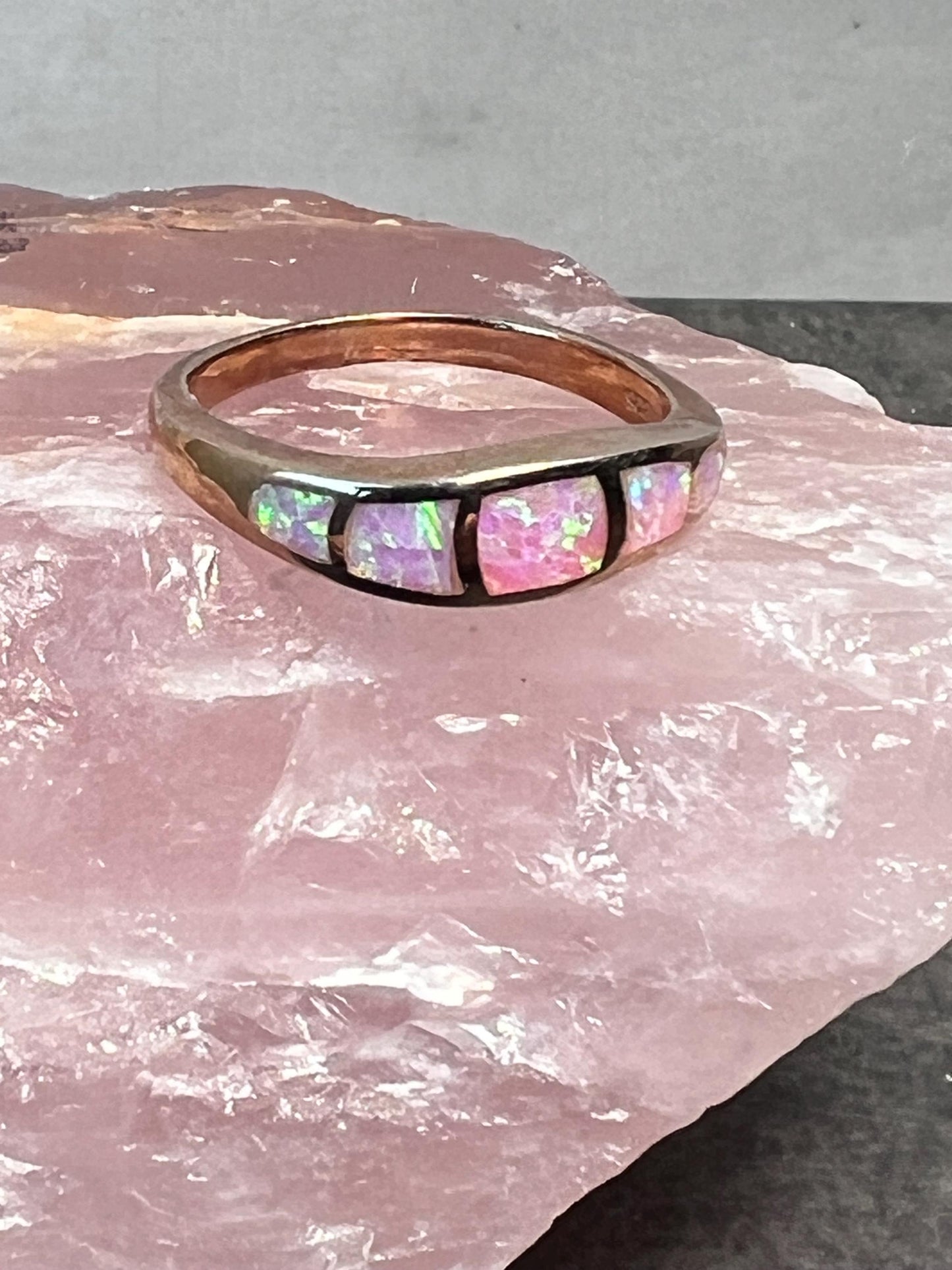 Pink Fire Opal Inlay Rose Gold Rings • Opal Ring • Pink Jewelry • Anniversary • Promise Ring • Wedding Band • Christmas Gift for Her - Jade Bear Gems 