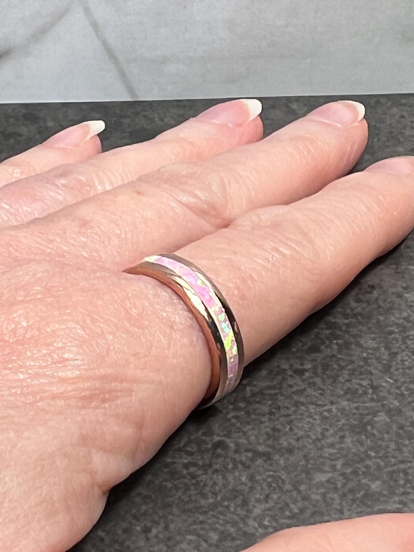 Pink Fire Opal Inlay Rose Gold Rings • Opal Ring • Pink Jewelry • Anniversary • Promise Ring • Wedding Band • Christmas Gift for Her - Jade Bear Gems 