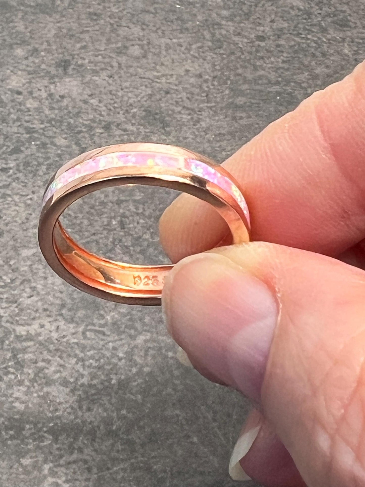 Pink Fire Opal Inlay Rose Gold Rings • Opal Ring • Pink Jewelry • Anniversary • Promise Ring • Wedding Band • Christmas Gift for Her - Jade Bear Gems 