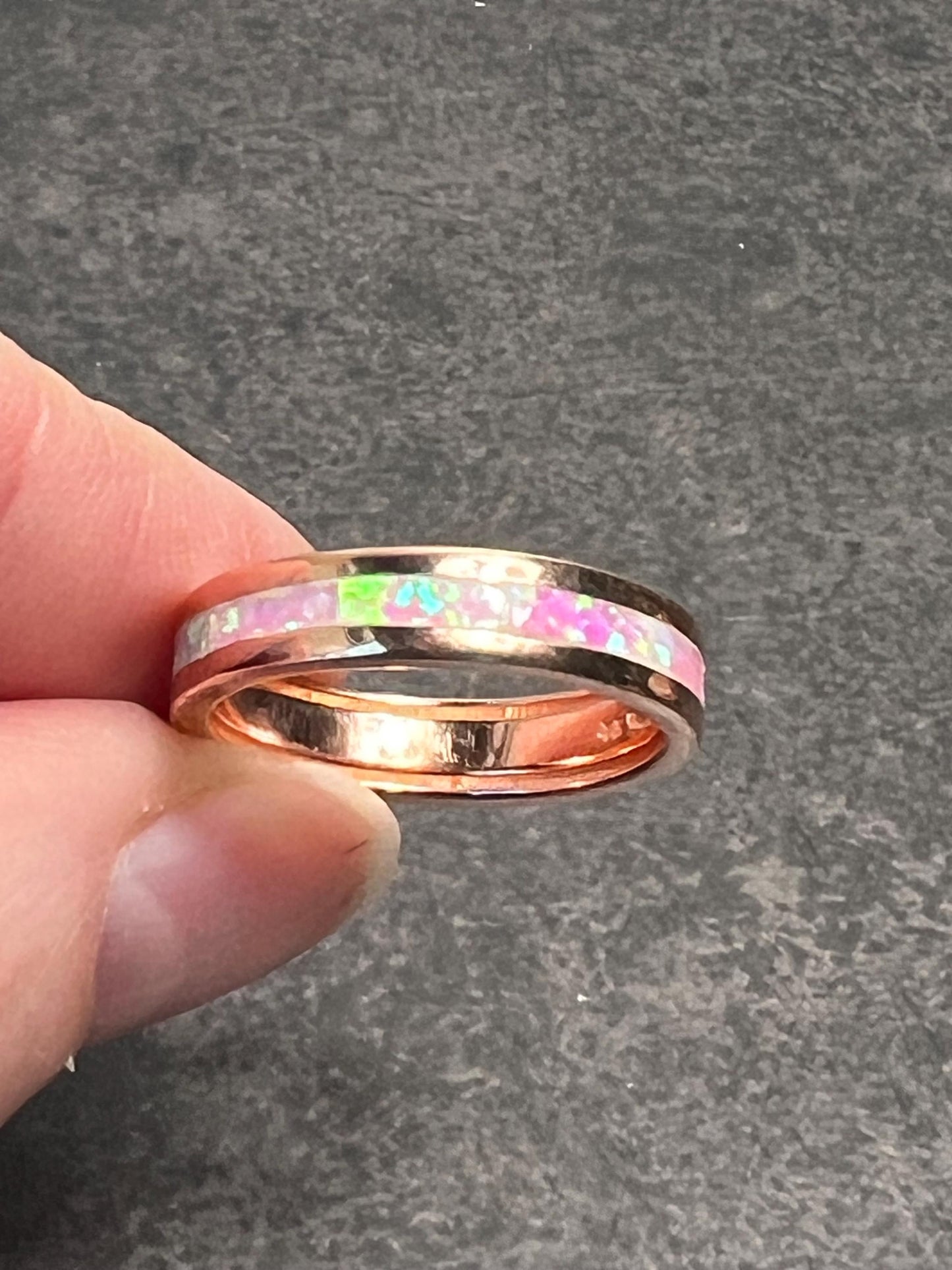 Pink Fire Opal Inlay Rose Gold Rings • Opal Ring • Pink Jewelry • Anniversary • Promise Ring • Wedding Band • Christmas Gift for Her - Jade Bear Gems 