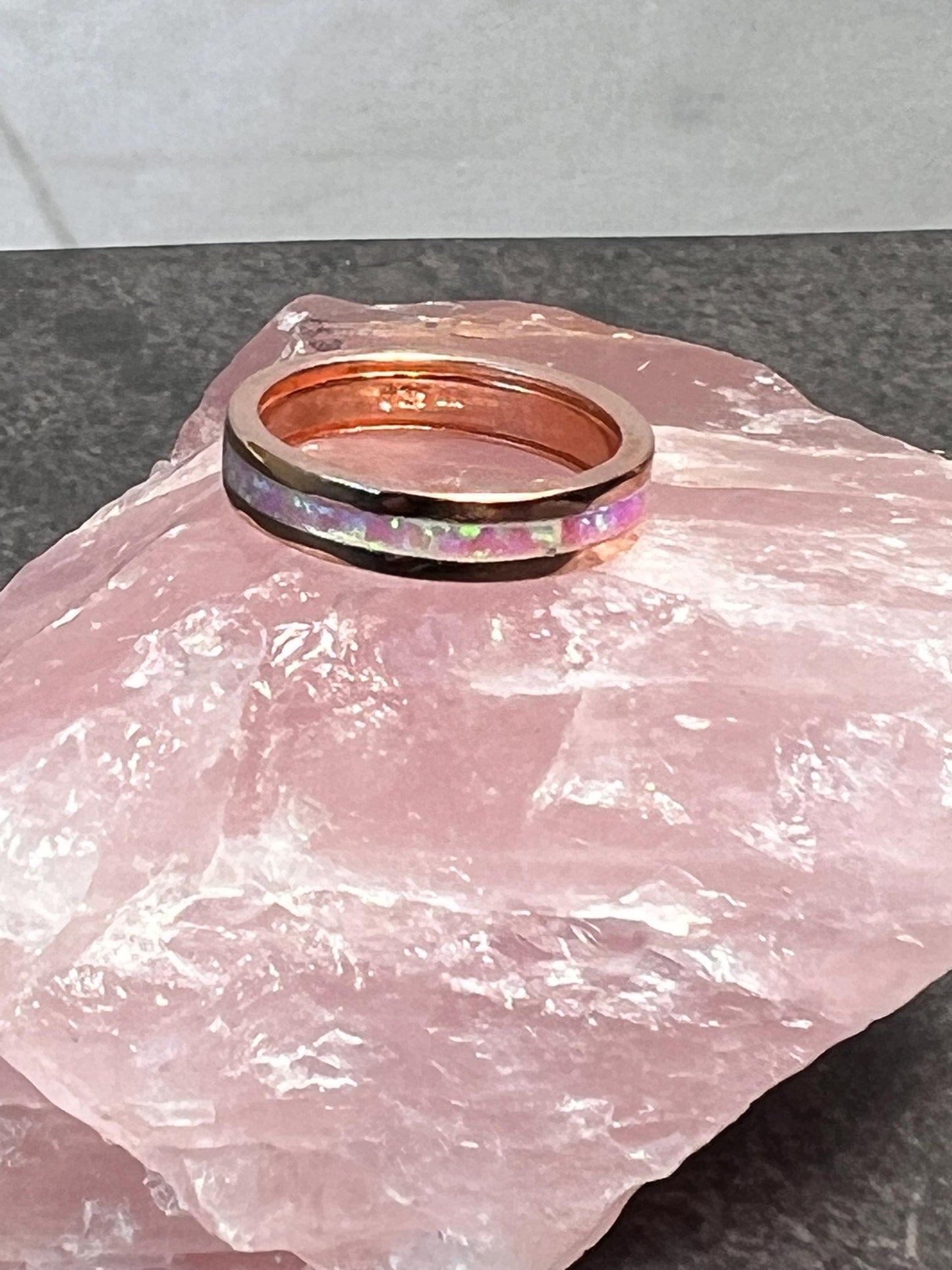 Pink Fire Opal Inlay Rose Gold Rings • Opal Ring • Pink Jewelry • Anniversary • Promise Ring • Wedding Band • Christmas Gift for Her - Jade Bear Gems 