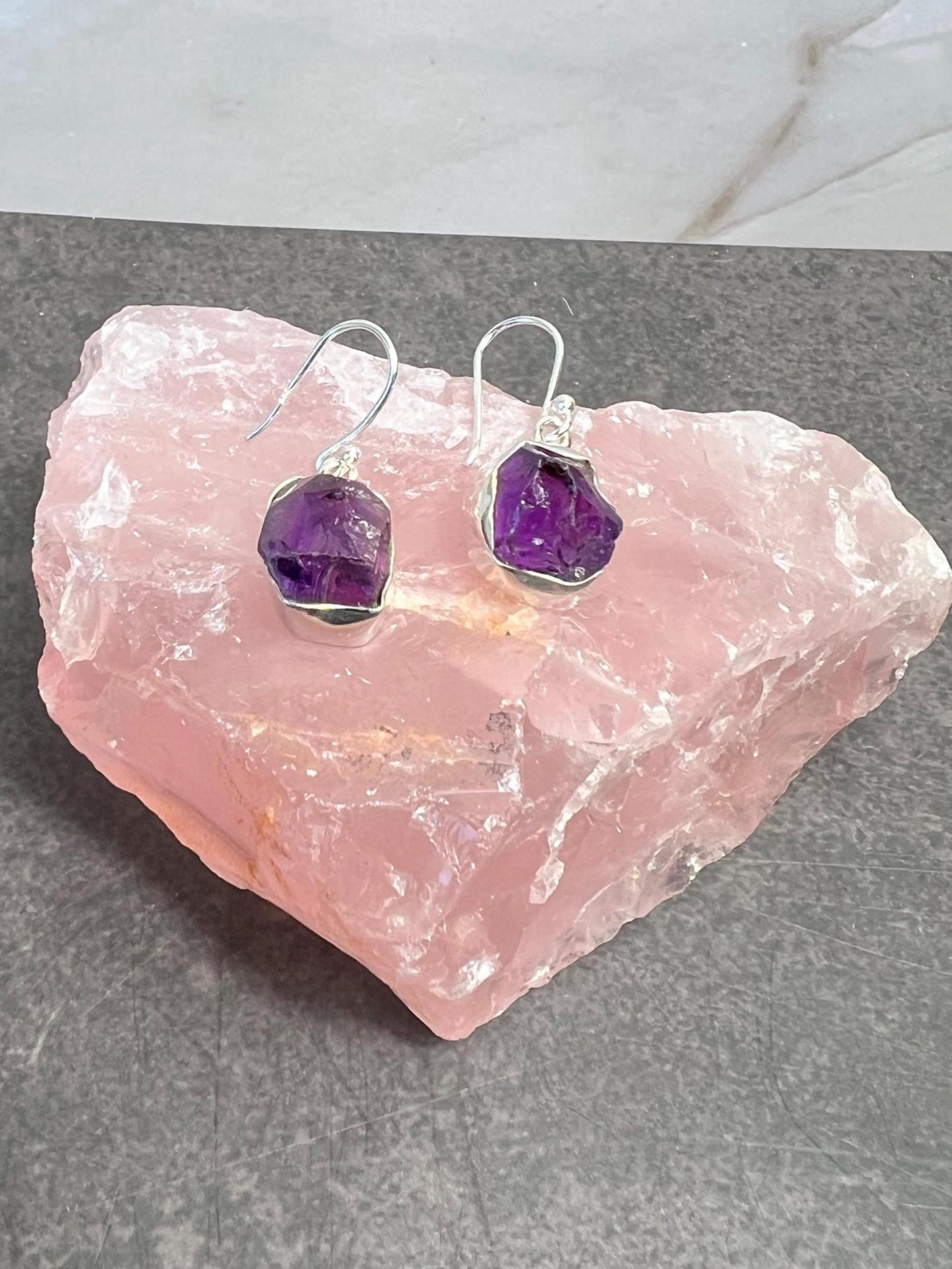 Raw Crystal Amethyst Earrings Silver Rough Point Natural Stone, Crystal Dangle Earring Gemstone - Jade Bear Gems 