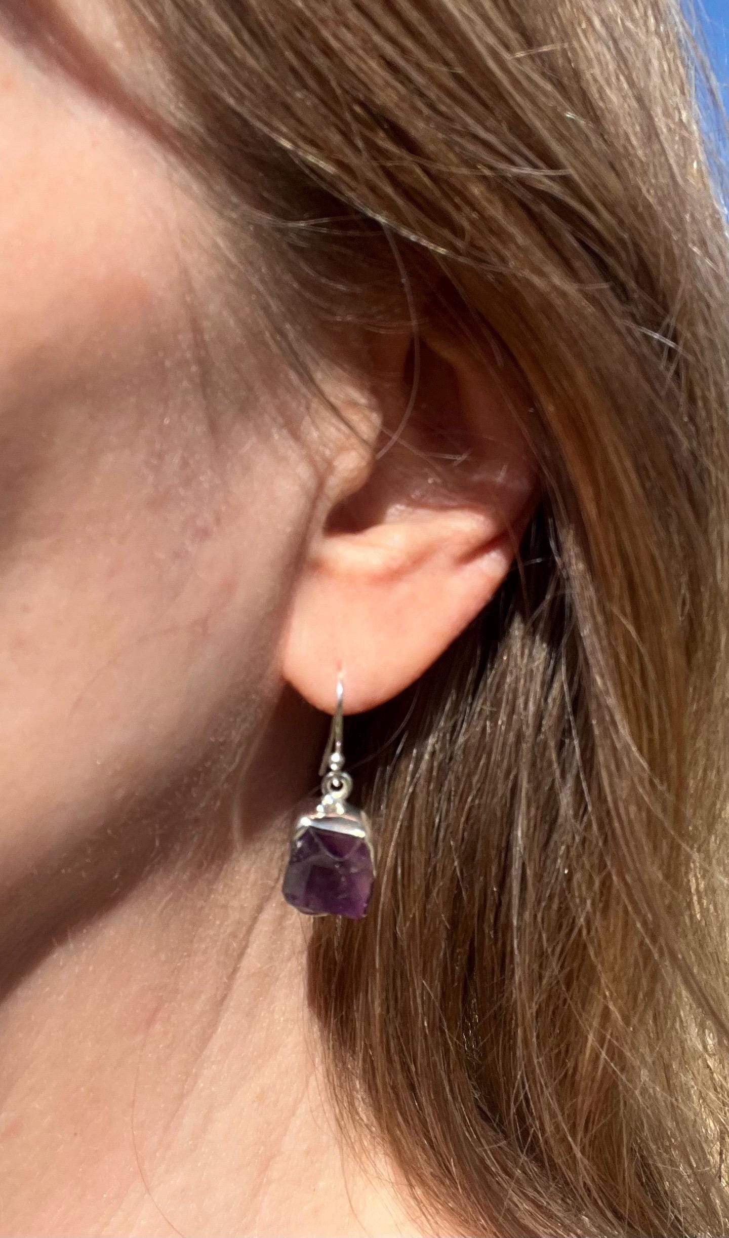 Raw Crystal Amethyst Earrings Silver Rough Point Natural Stone, Crystal Dangle Earring Gemstone - Jade Bear Gems 