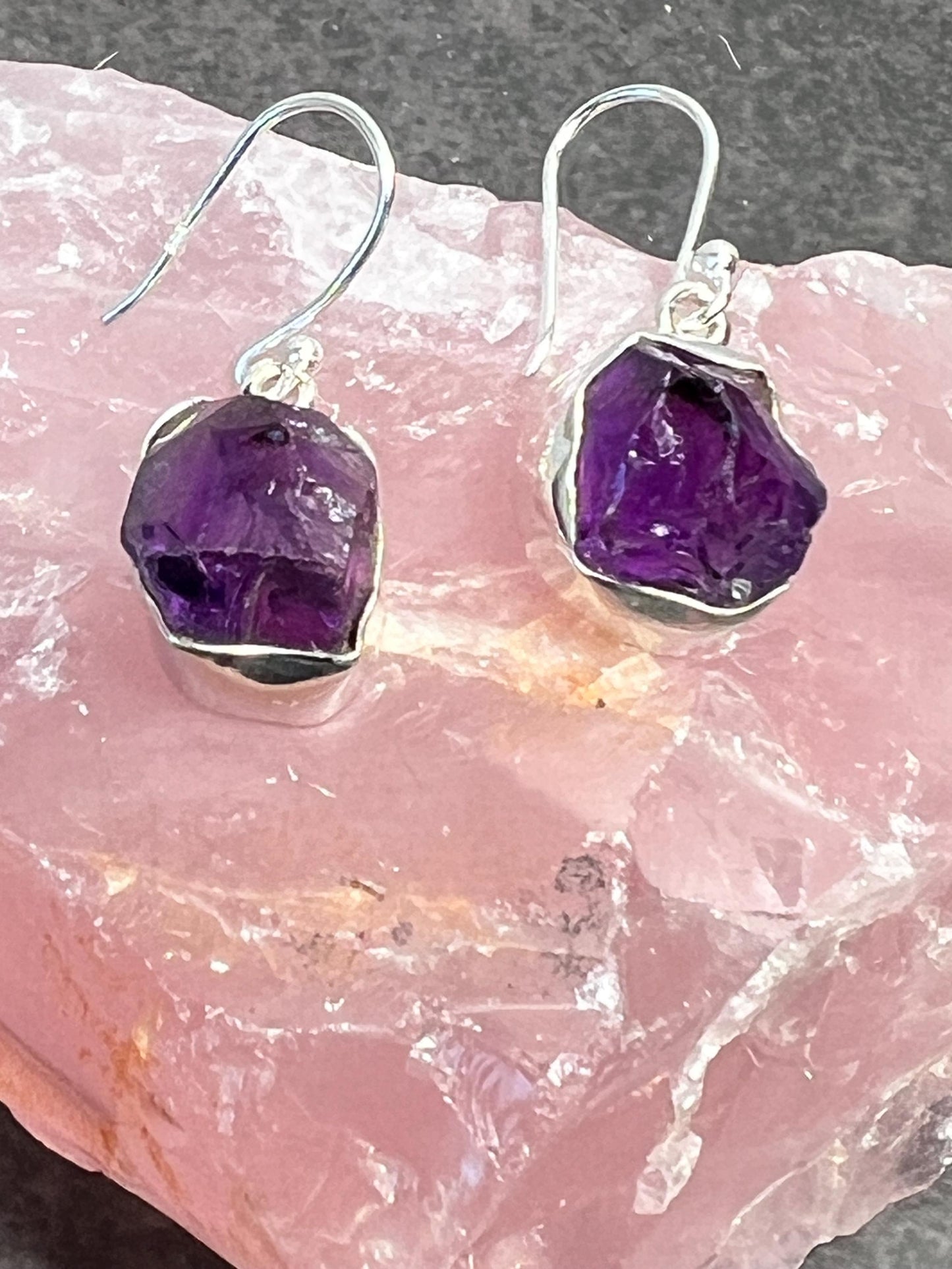 Raw Crystal Amethyst Earrings Silver Rough Point Natural Stone, Crystal Dangle Earring Gemstone - Jade Bear Gems 