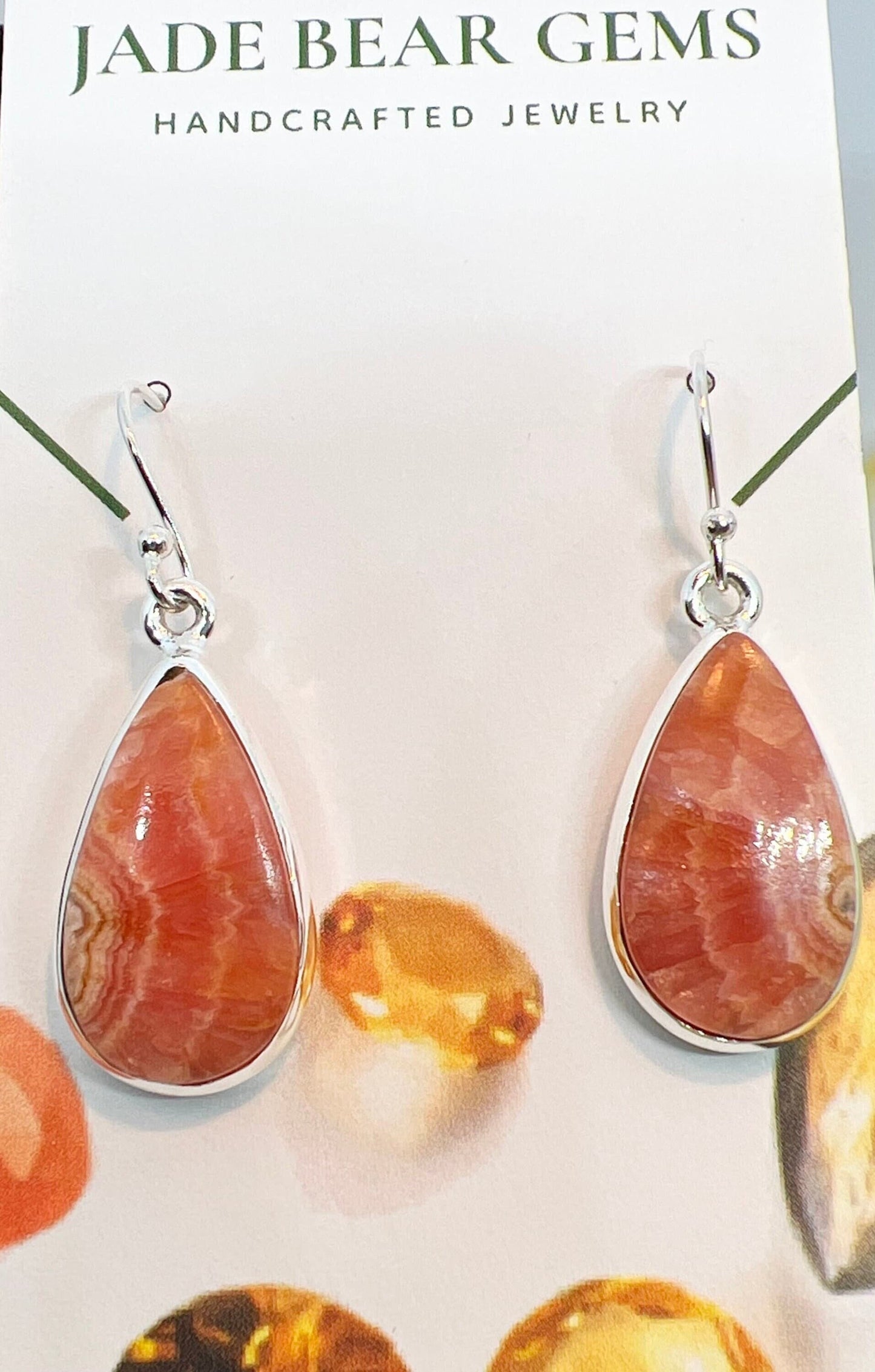 Rhodochrosite dangle earrings, gemstone sterling silver earrings, teardrop earrings, self love jewelry, gift for her - Jade Bear Gems 