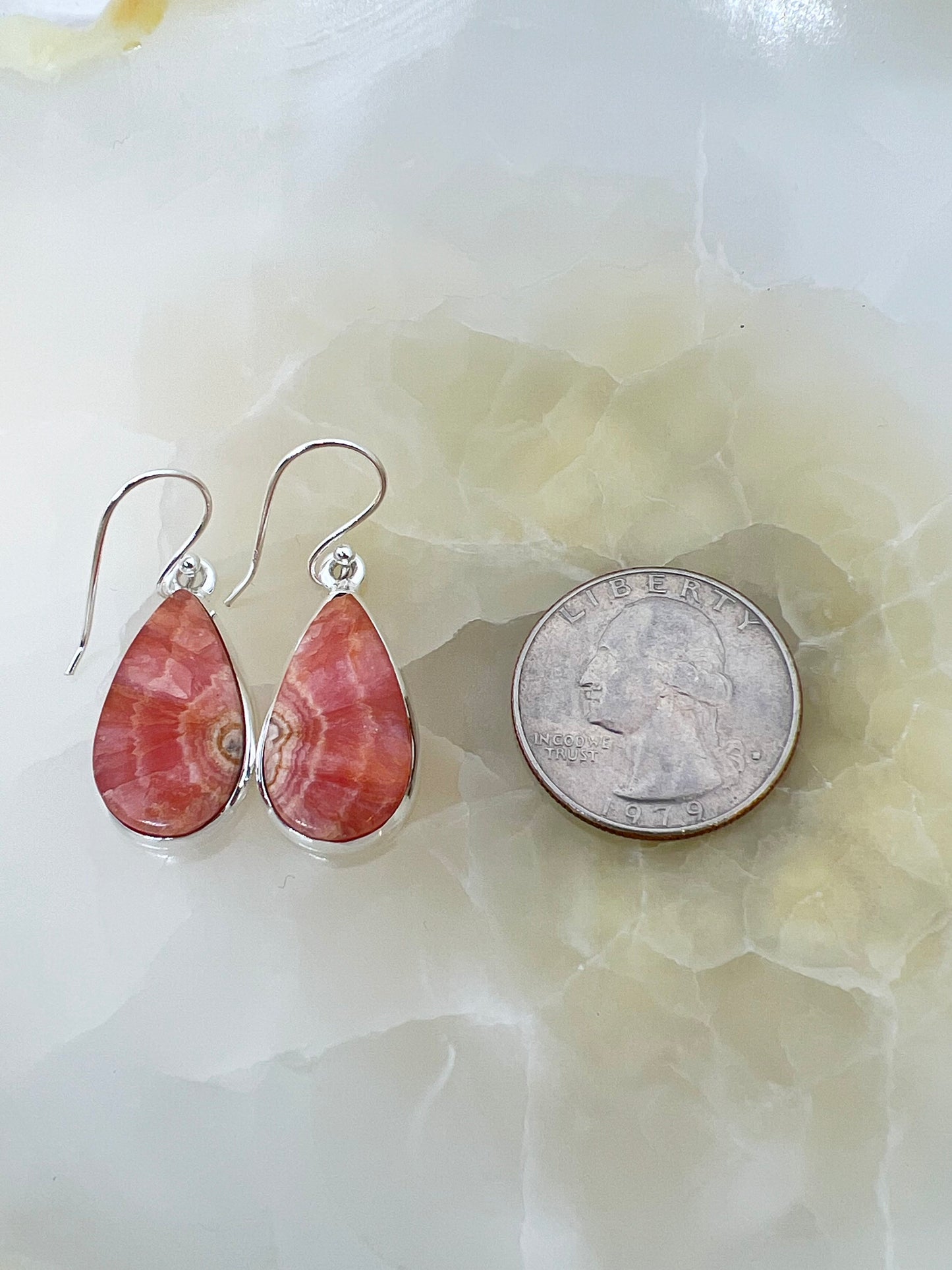 Rhodochrosite dangle earrings, gemstone sterling silver earrings, teardrop earrings, self love jewelry, gift for her - Jade Bear Gems 
