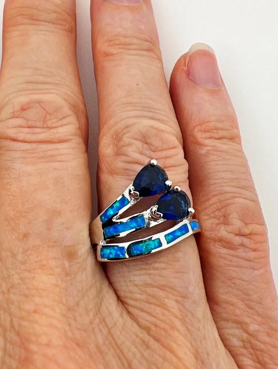 Sapphires and Blue Fire Opal Ring - Sterling Silver Ring - Pear Shaped Sapphires - Gift for Her - Jade Bear Gems 