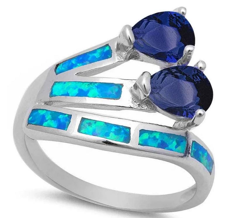 Sapphires and Blue Fire Opal Ring - Sterling Silver Ring - Pear Shaped Sapphires - Gift for Her - Jade Bear Gems 