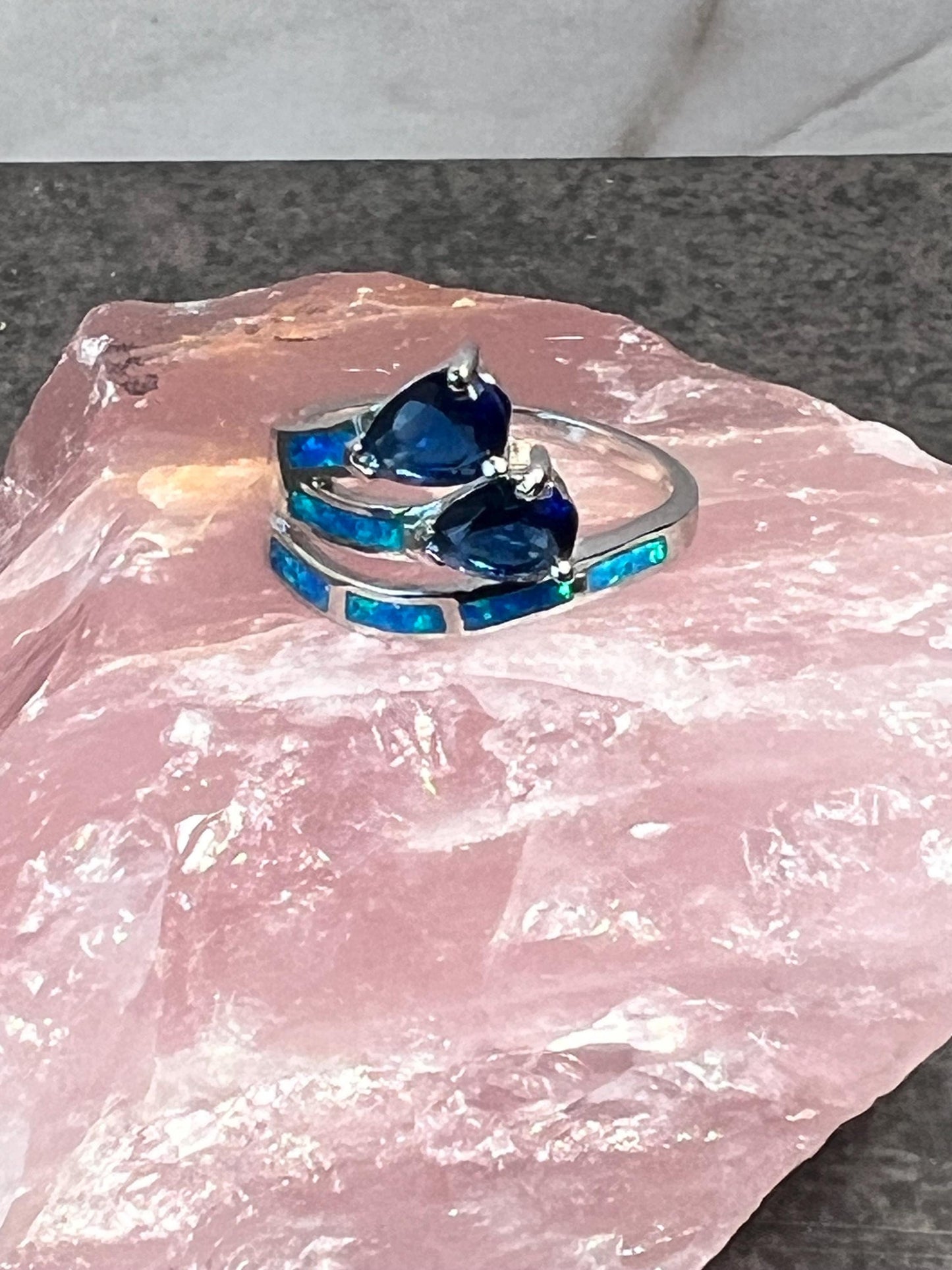 Sapphires and Blue Fire Opal Ring - Sterling Silver Ring - Pear Shaped Sapphires - Gift for Her - Jade Bear Gems 