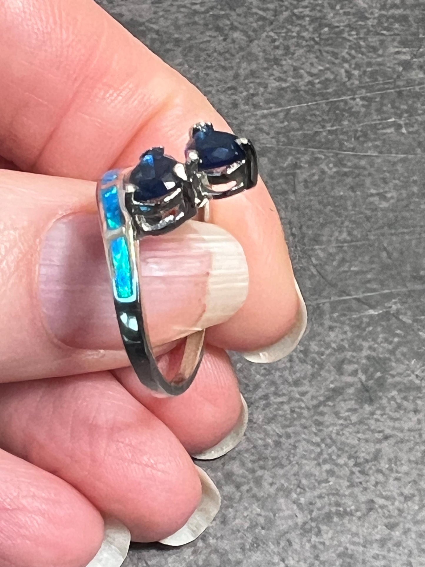 Sapphires and Blue Fire Opal Ring - Sterling Silver Ring - Pear Shaped Sapphires - Gift for Her - Jade Bear Gems 