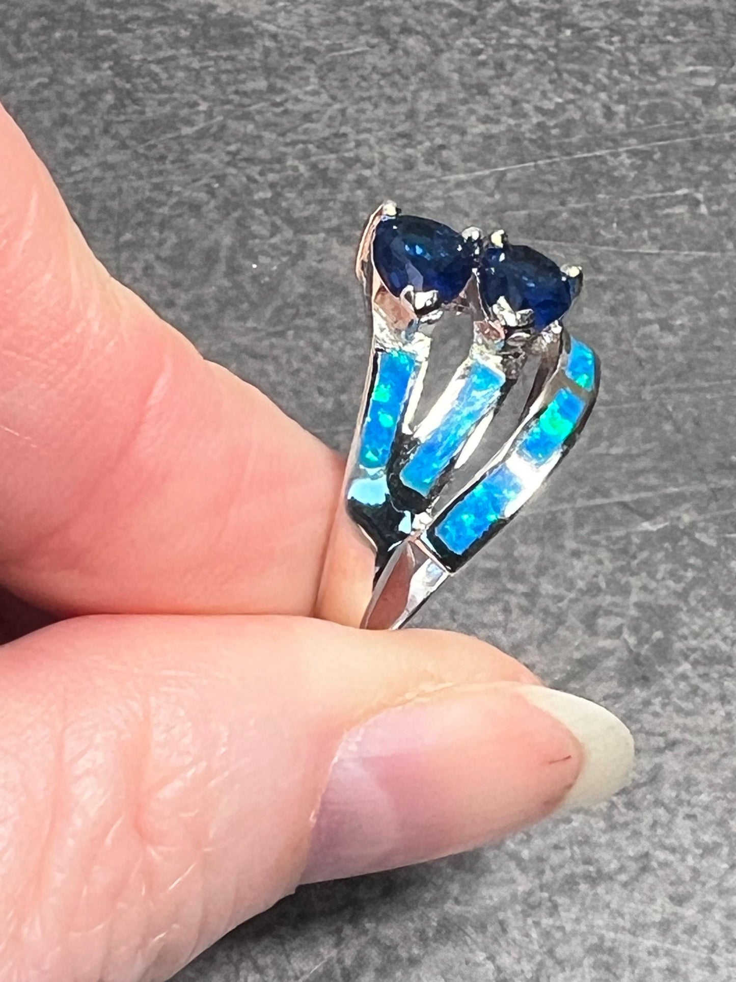 Sapphires and Blue Fire Opal Ring - Sterling Silver Ring - Pear Shaped Sapphires - Gift for Her - Jade Bear Gems 