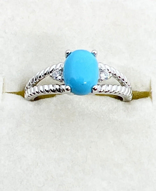 Sterling Silver 925 Turquoise Solitaire and Cubic Zirconia Ring Size 6 - Jade Bear Gems 
