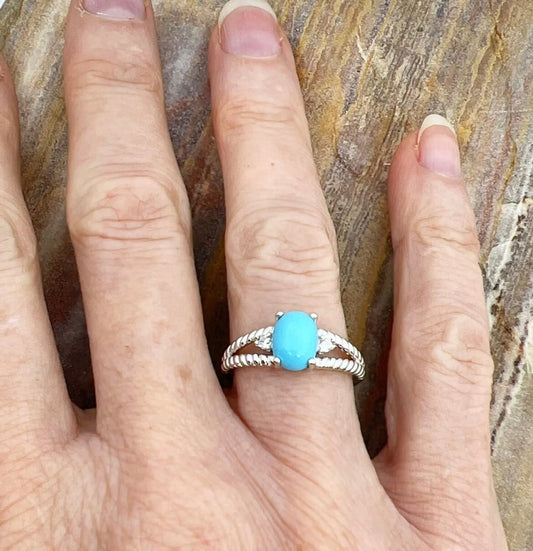 Sterling Silver 925 Turquoise Solitaire and Cubic Zirconia Ring Size 6 - Jade Bear Gems 