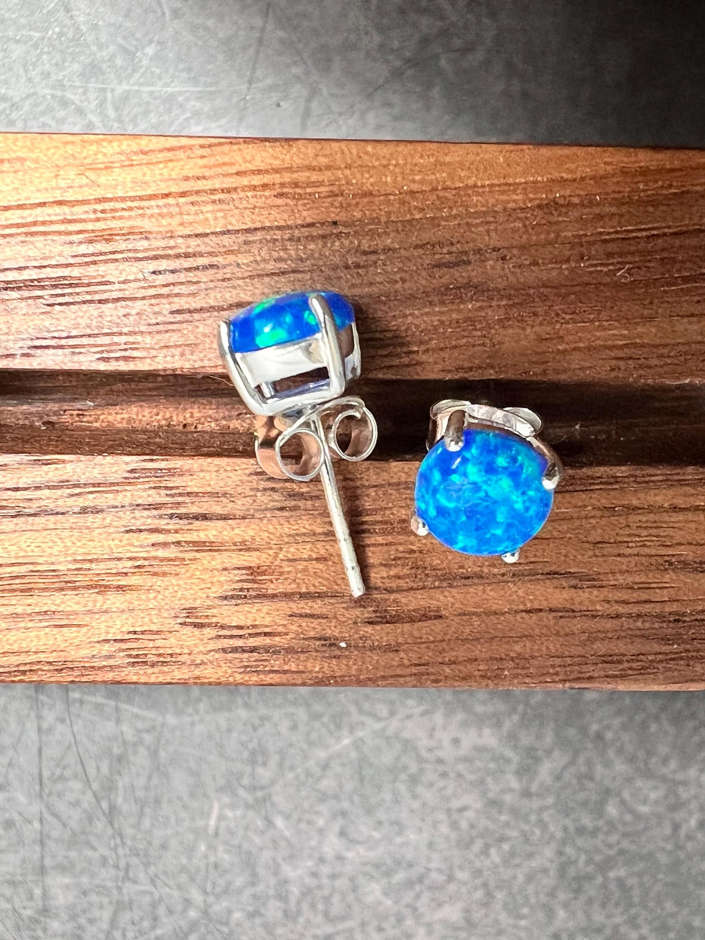 Sterling Silver Blue Fire Opal Stud Earrings, 9x12mm Heart or 7mm Round Earrings, October Birthday Gift, Gift for Her - Jade Bear Gems 