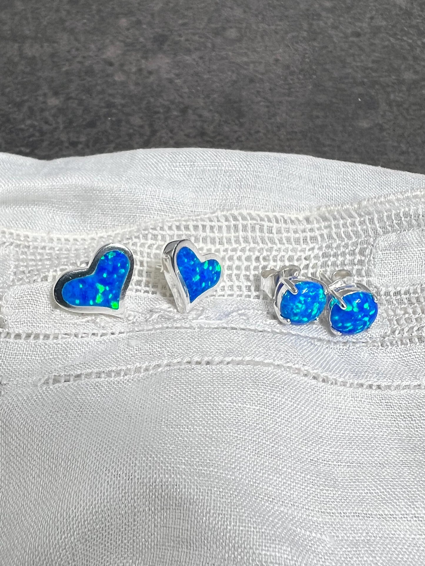 Sterling Silver Blue Fire Opal Stud Earrings, 9x12mm Heart or 7mm Round Earrings, October Birthday Gift, Gift for Her - Jade Bear Gems 