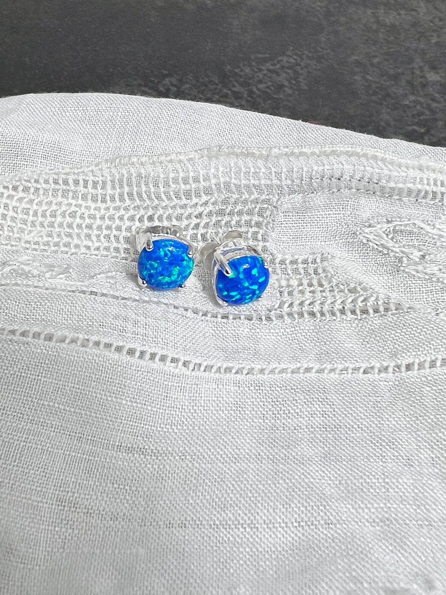 Sterling Silver Blue Fire Opal Stud Earrings, 9x12mm Heart or 7mm Round Earrings, October Birthday Gift, Gift for Her - Jade Bear Gems 