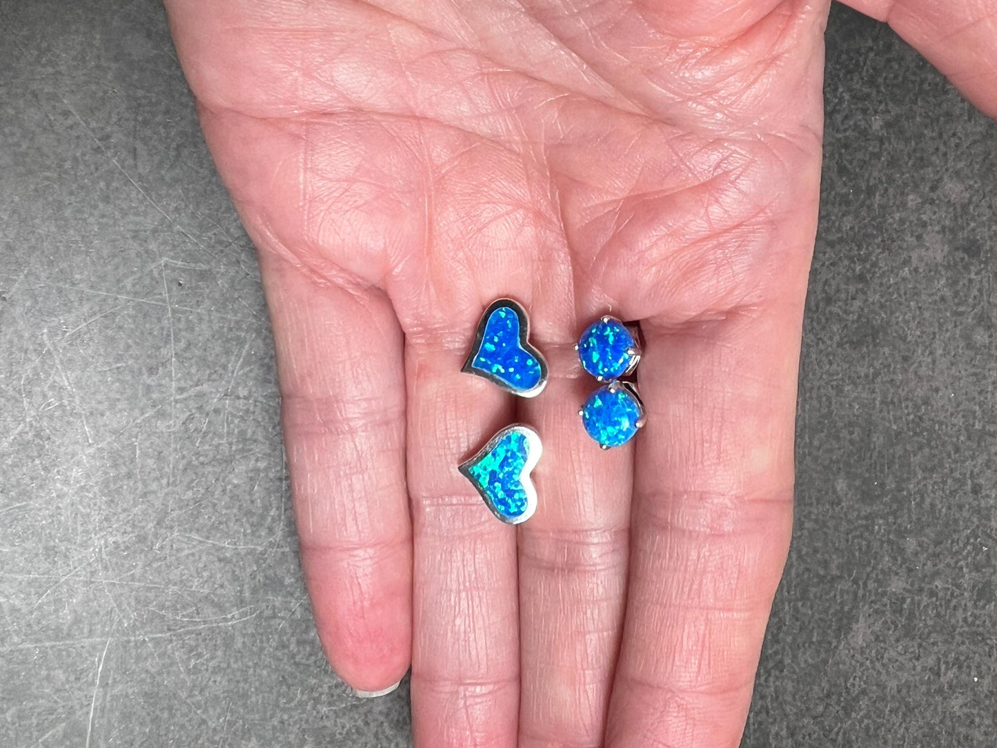 Sterling Silver Blue Fire Opal Stud Earrings, 9x12mm Heart or 7mm Round Earrings, October Birthday Gift, Gift for Her - Jade Bear Gems 