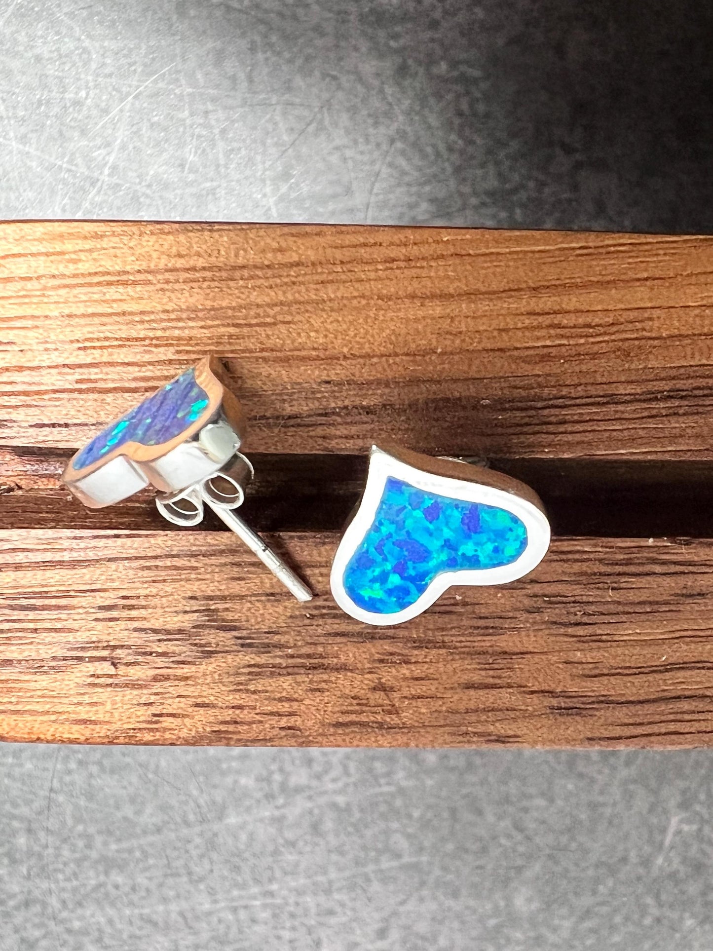 Sterling Silver Blue Fire Opal Stud Earrings, 9x12mm Heart or 7mm Round Earrings, October Birthday Gift, Gift for Her - Jade Bear Gems 