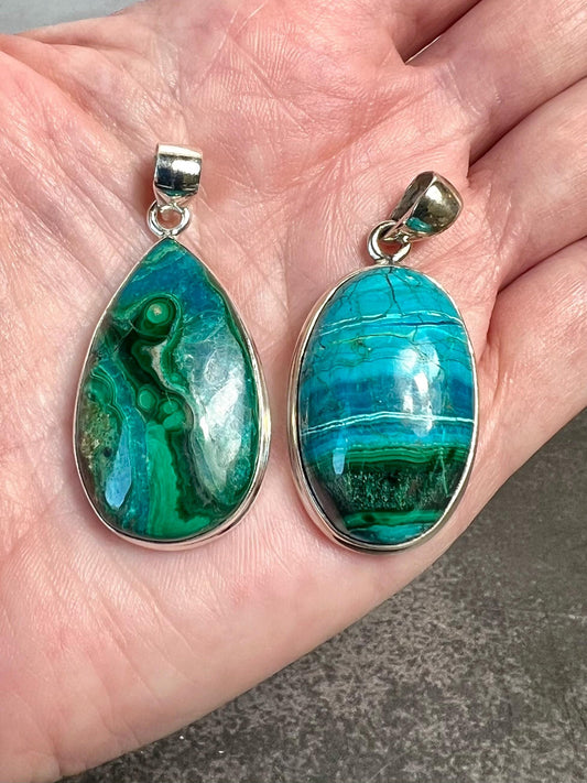 Sterling Silver Natural Azurite-Malachite Pendant Necklace - Jade Bear Gems 