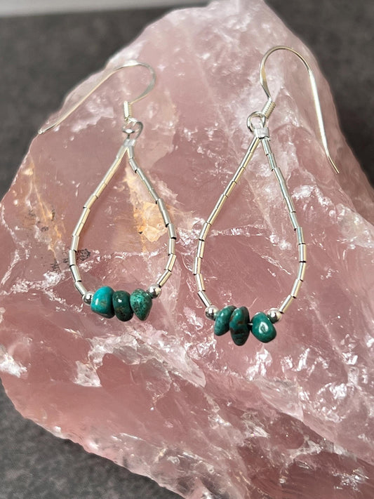 Sterling Silver and Turquoise earrings, turquoise beads, teardrop shaped earrings, liquid silver, turquoise nuggets loop dangle - Jade Bear Gems 