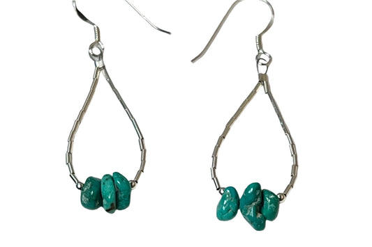 Sterling Silver and Turquoise earrings, turquoise beads, teardrop shaped earrings, liquid silver, turquoise nuggets loop dangle - Jade Bear Gems 