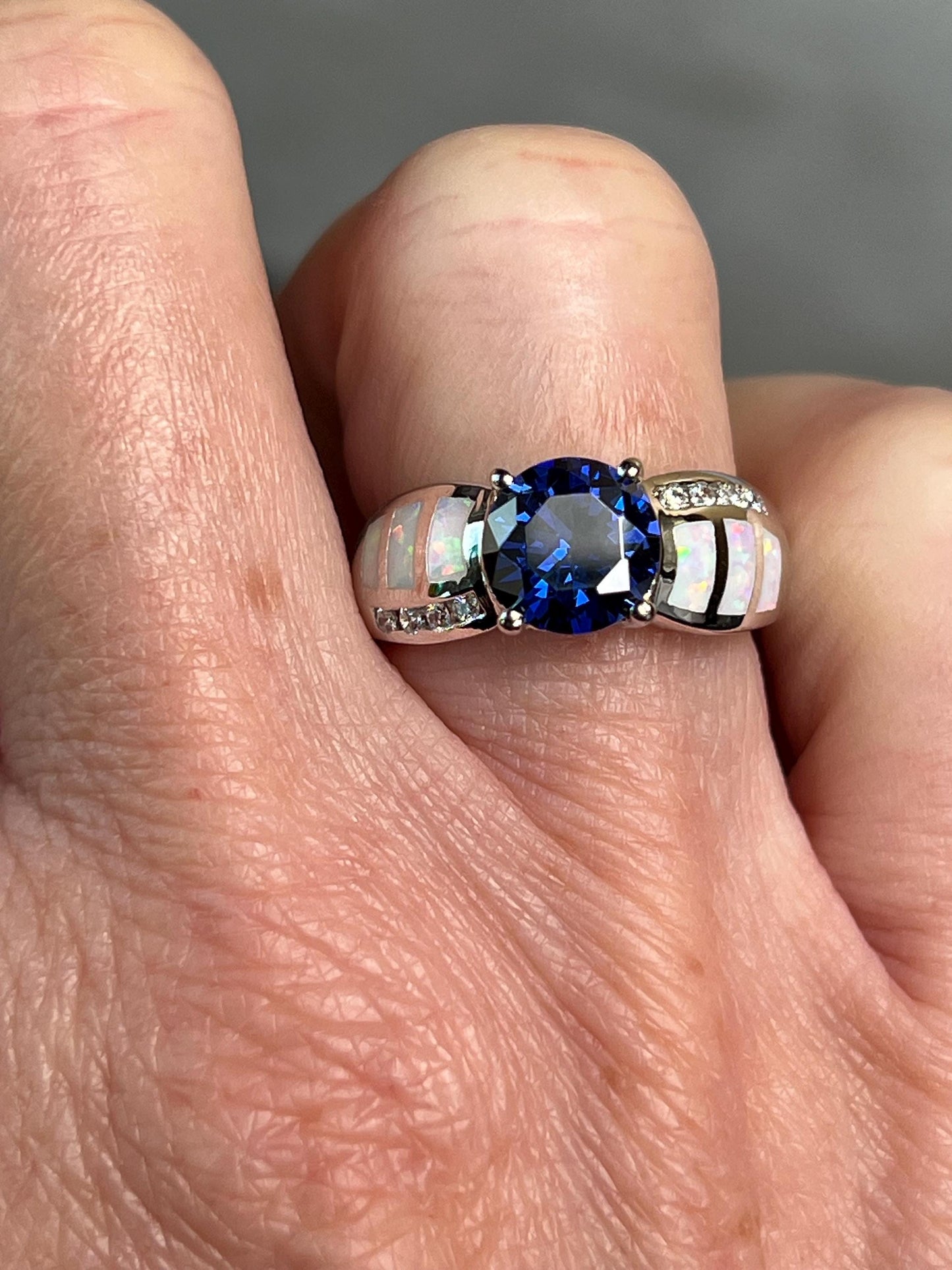 Tanzanite and Opal Ring, Sterling Silver 925 1.5 Carat Round Created Tanzanite Solitaire White Fire Opal Inlay and CZs, Gift for her - Jade Bear Gems 