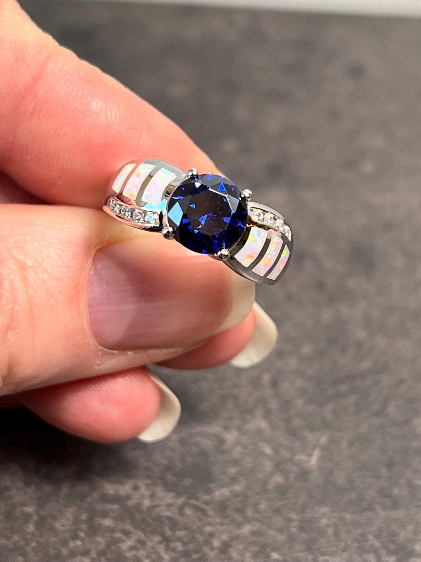 Tanzanite and Opal Ring, Sterling Silver 925 1.5 Carat Round Created Tanzanite Solitaire White Fire Opal Inlay and CZs, Gift for her - Jade Bear Gems 
