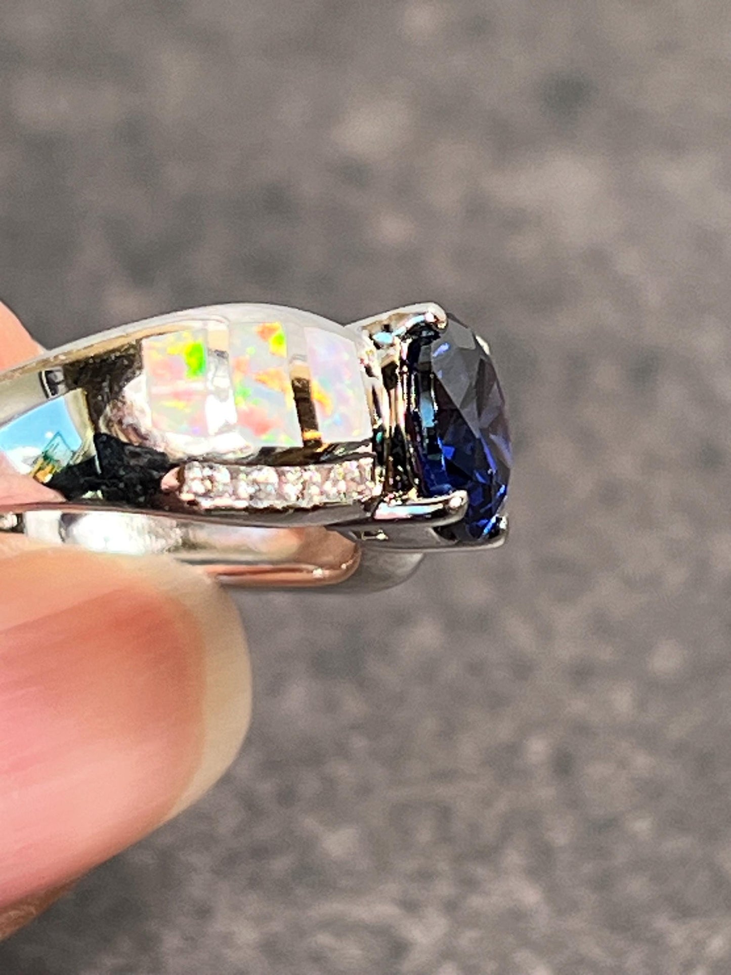Tanzanite and Opal Ring, Sterling Silver 925 1.5 Carat Round Created Tanzanite Solitaire White Fire Opal Inlay and CZs, Gift for her - Jade Bear Gems 