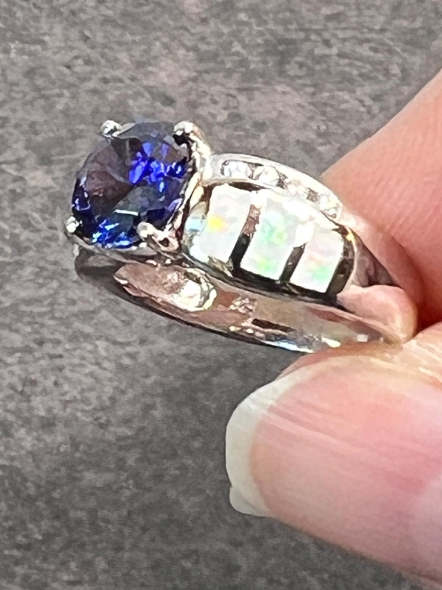 Tanzanite and Opal Ring, Sterling Silver 925 1.5 Carat Round Created Tanzanite Solitaire White Fire Opal Inlay and CZs, Gift for her - Jade Bear Gems 