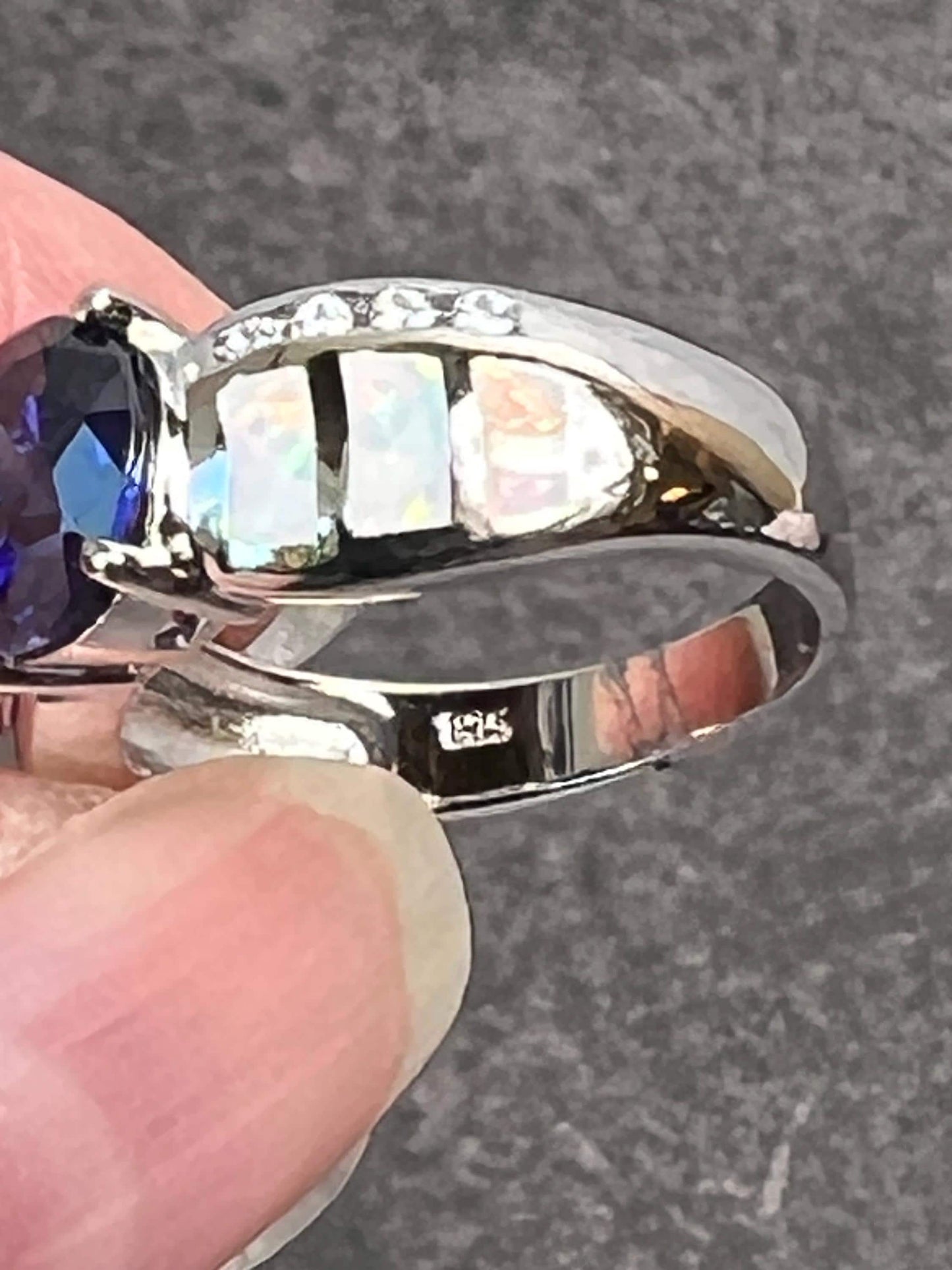 Tanzanite and Opal Ring, Sterling Silver 925 1.5 Carat Round Created Tanzanite Solitaire White Fire Opal Inlay and CZs, Gift for her - Jade Bear Gems 