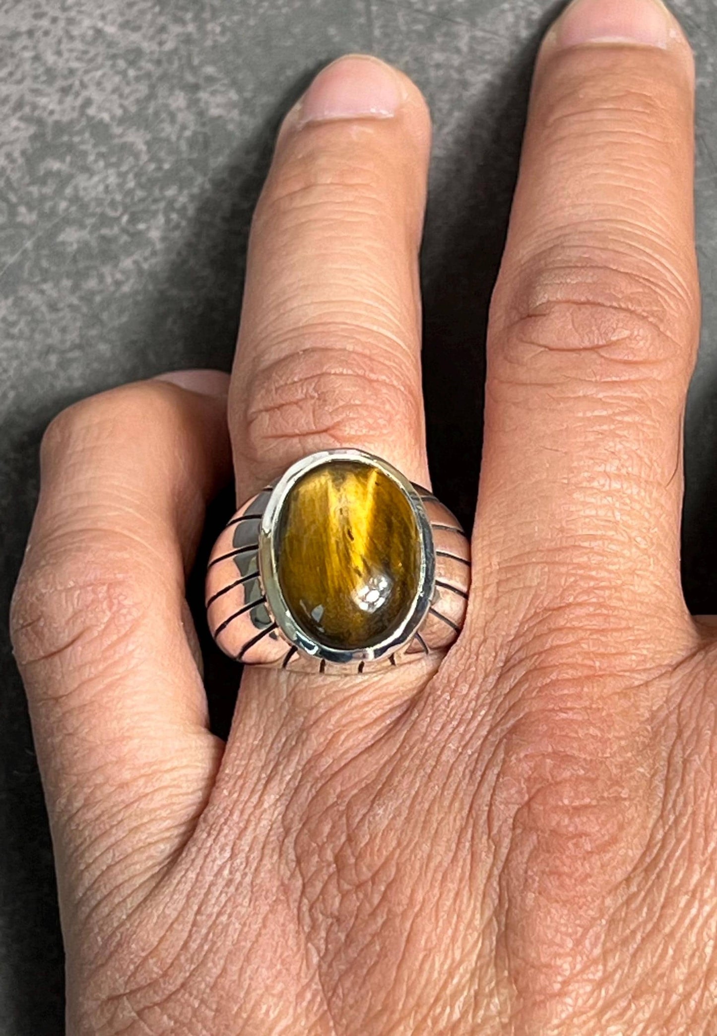 Tiger Eye Ring, Mens Handmade Ring, Tiger Eye Men's Ring, Men's Ring, Silver Men's Ring, 925 Sterling Silver Mens Ring, Gift for Him - Jade Bear Gems 
