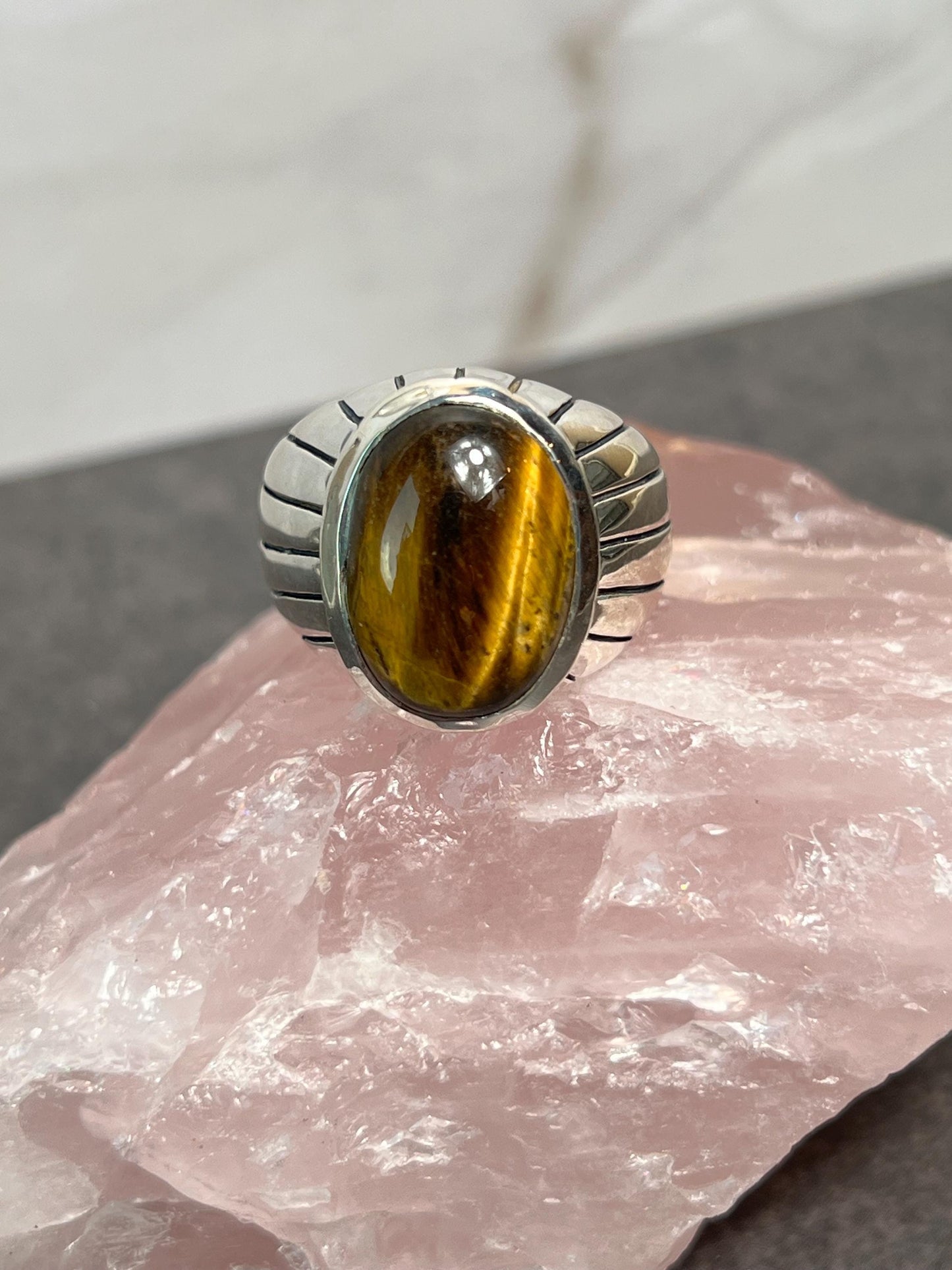 Tiger Eye Ring, Mens Handmade Ring, Tiger Eye Men's Ring, Men's Ring, Silver Men's Ring, 925 Sterling Silver Mens Ring, Gift for Him - Jade Bear Gems 