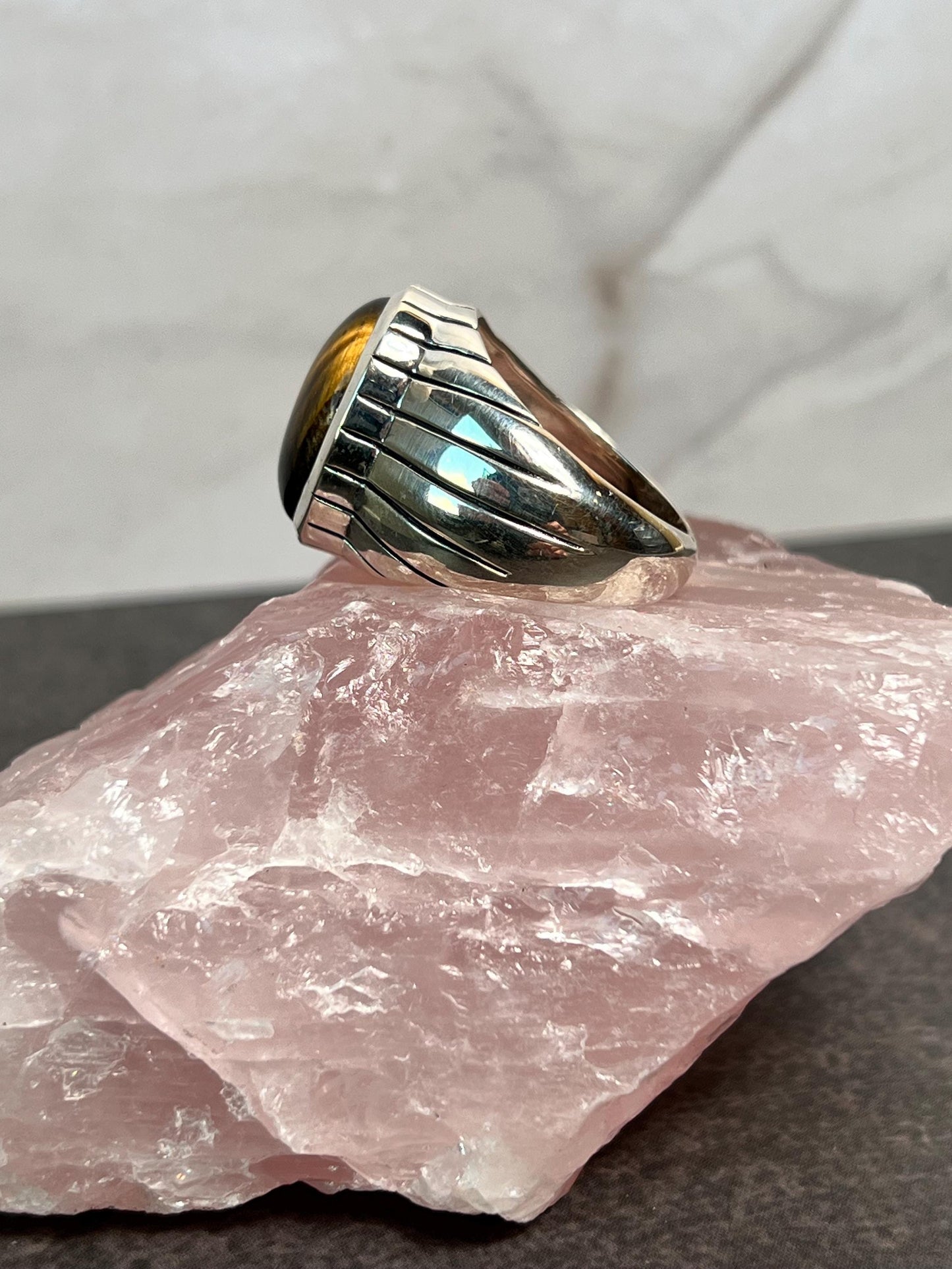 Tiger Eye Ring, Mens Handmade Ring, Tiger Eye Men's Ring, Men's Ring, Silver Men's Ring, 925 Sterling Silver Mens Ring, Gift for Him - Jade Bear Gems 