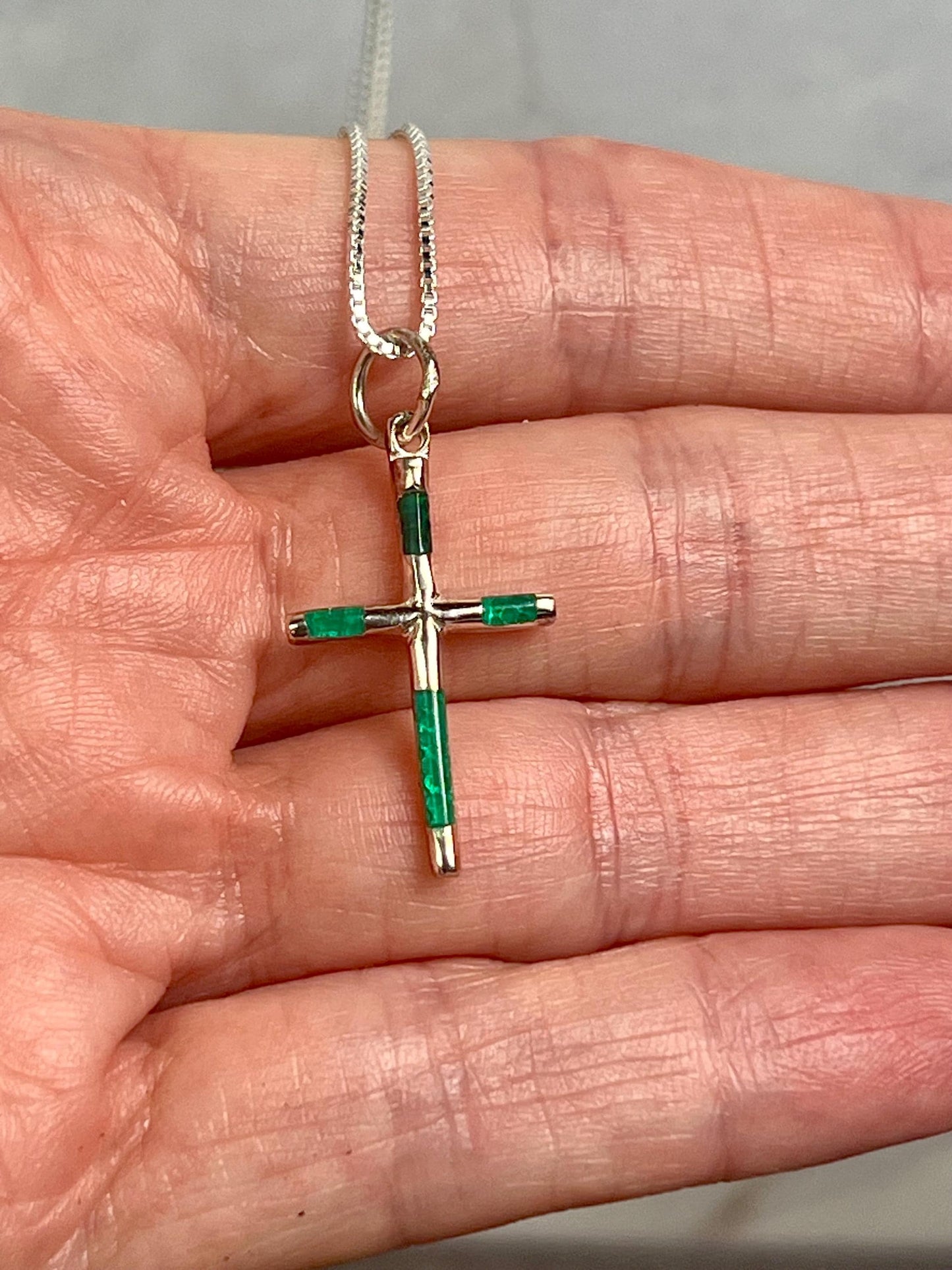 Malachite Cross Pendant | .925 Sterling Silver Green Gemstone Necklace - Jade Bear Gems 